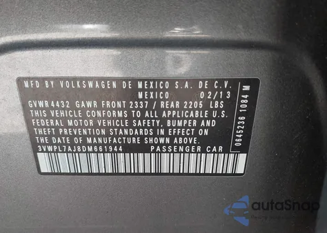 2013 Volkswagen Jetta Sportwagen 2.0L Tdi z USA, uszkodzony, nr VIN 3VWPL7AJ8DM661944